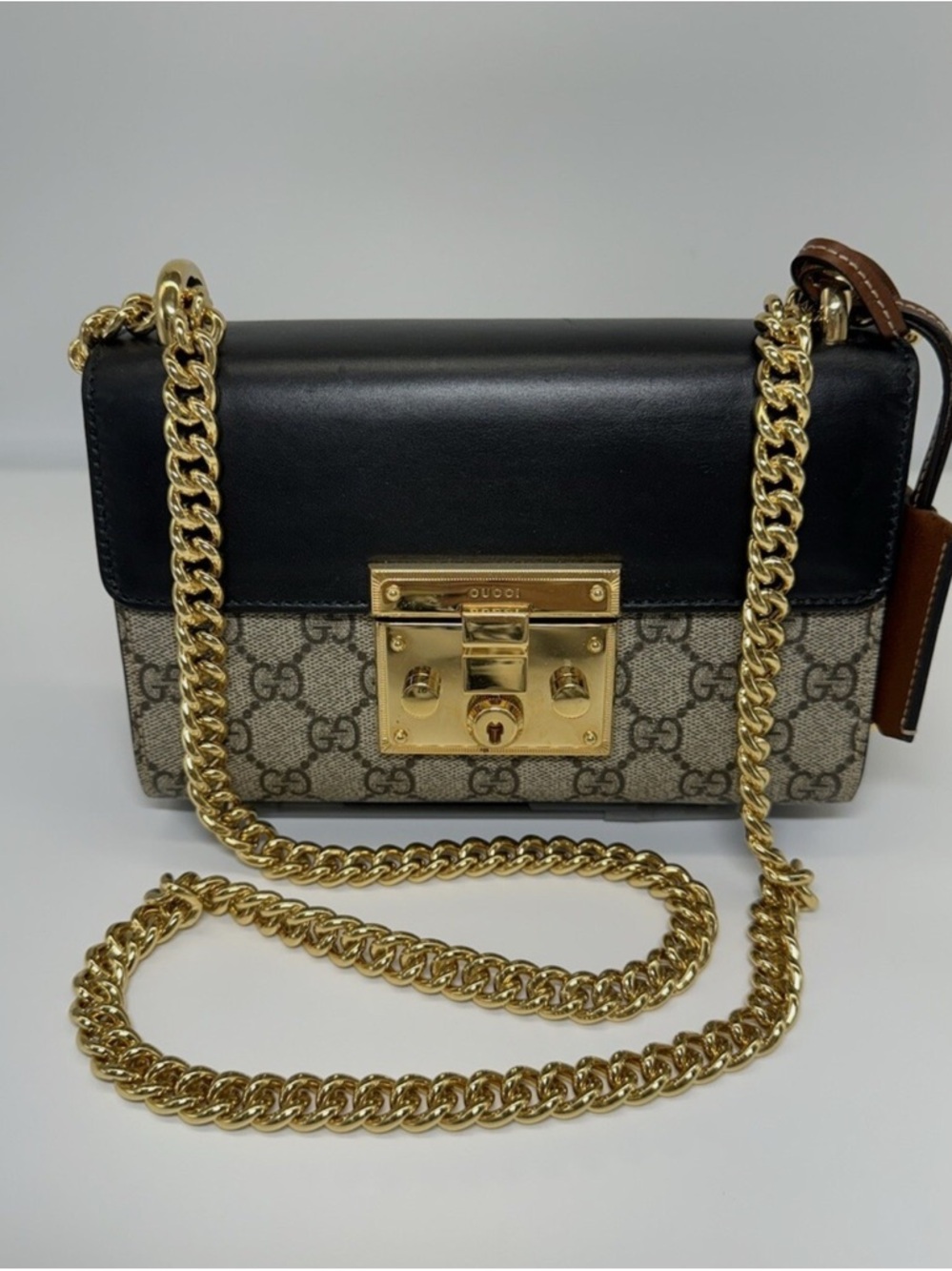 Gucci Black Leather & Beige GG Canvas Shoulder Bag with Gold Chain